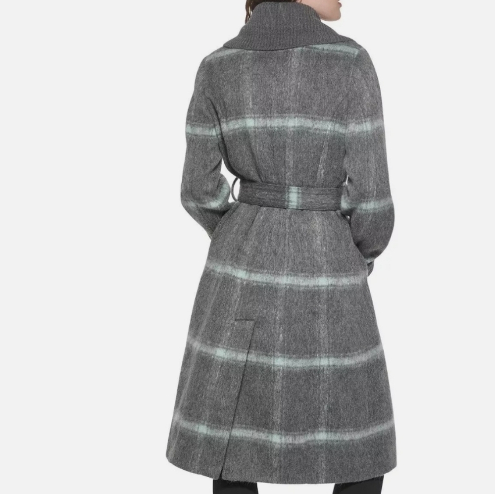 DKNY Women's Knit-Collar Belted Wrap Coat Charcoal Grey Wool - Picture 6 of 9
